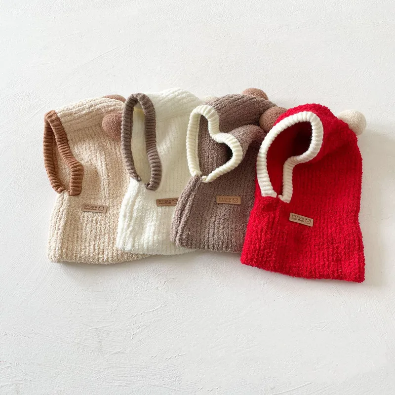 Gorro con capucha para bebé, bufanda de una pieza, gorro de invierno cálido de punto con protección para los oídos, pasamontañas, gorro infantil a prueba de viento de Color sólido
