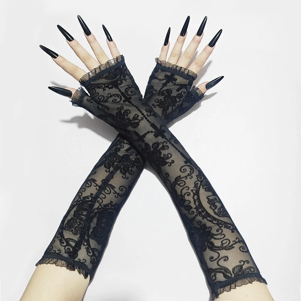 Halloween mujeres negro Sexy esqueleto Cruz flores encaje guantes largos elasticidad malla transparente Lolita Punk Cosplay guantes cortos