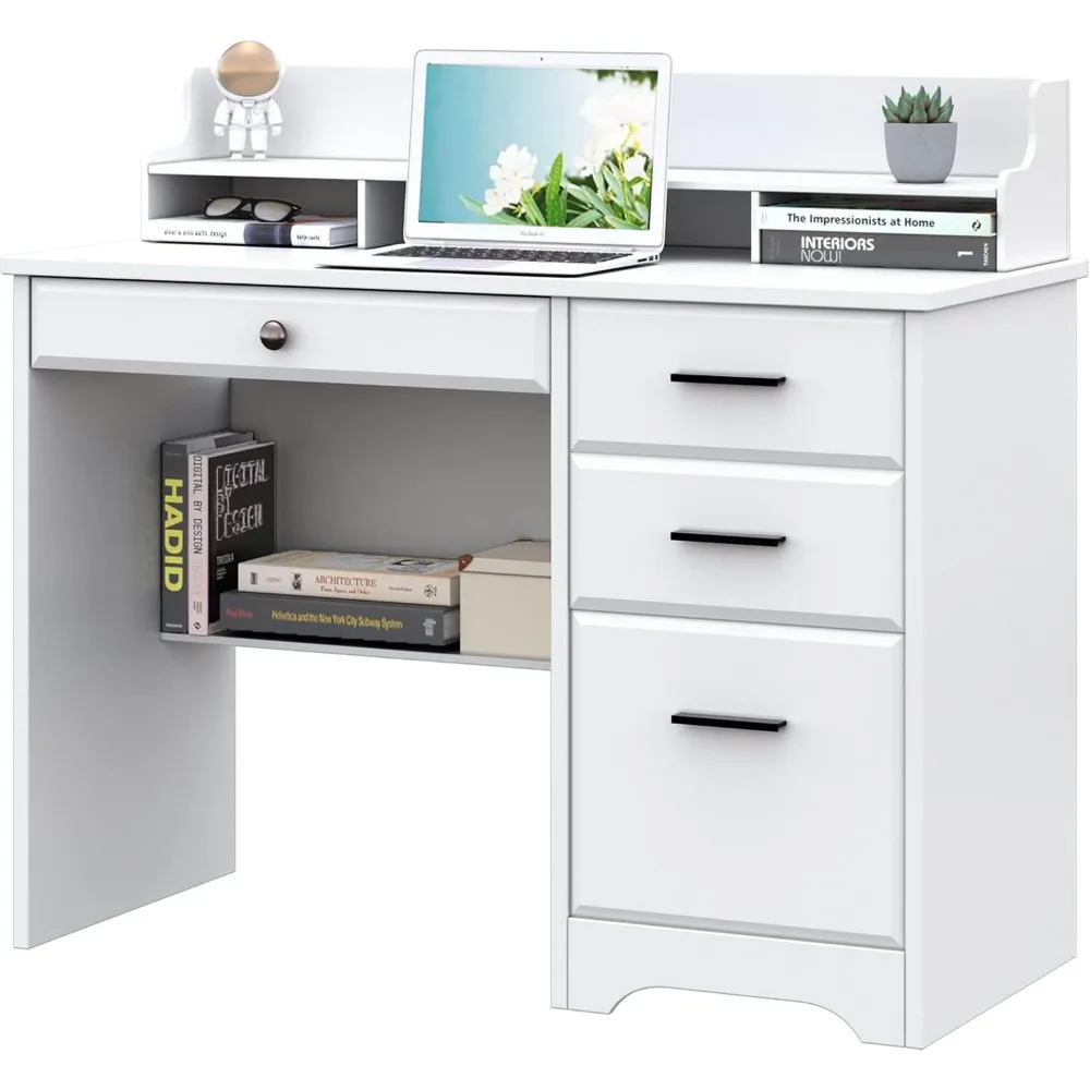 Computer Desk with Storage Drawers and Hutch, 44 Inch Home Office Desks with 4 Drawers & Monitor Stand for Small Space
