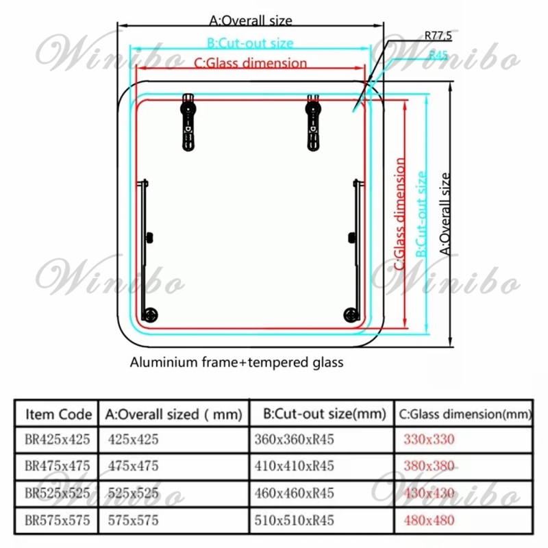 Small-Sized Marine Anodized Aluminum Square Hatch Porthole With Tempered Glass For Marine Boat Window