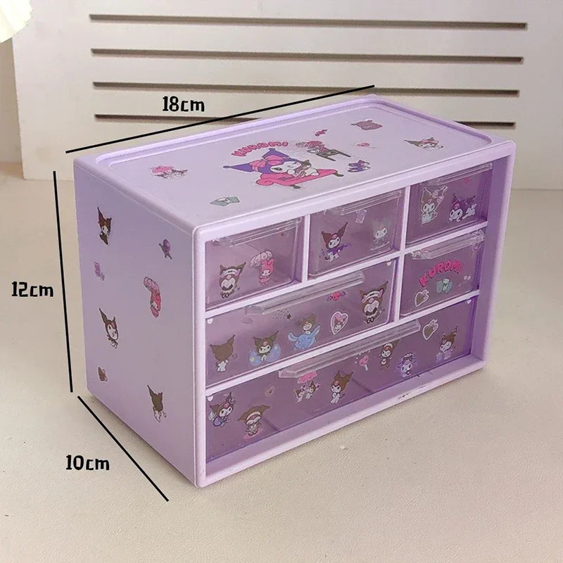 Sanrio 3 Tier Storage Boxes Kuromi Melody Pom Pom Purin Anime Figure Organizer Box Transparent 6 Grid Drawer-Type Storagebox