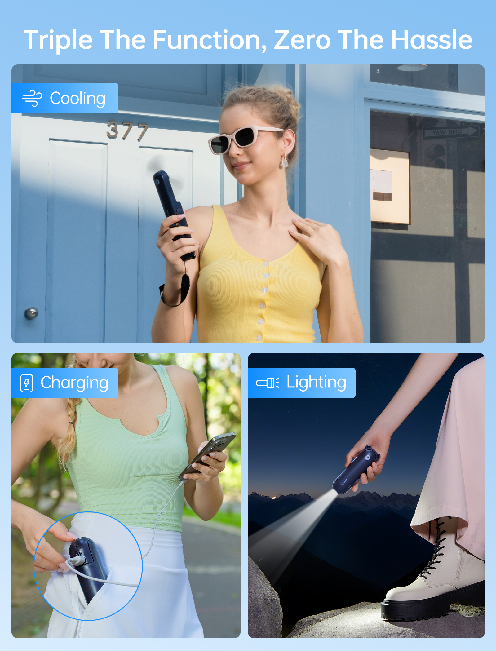 JISULIFE Tragbarer Ventilator, Mini-Handventilator, USB, 4500 mAh, wiederaufladbar, kleiner 3-in-1-Taschenventilator mit Powerbank-Taschenlampenfunktion