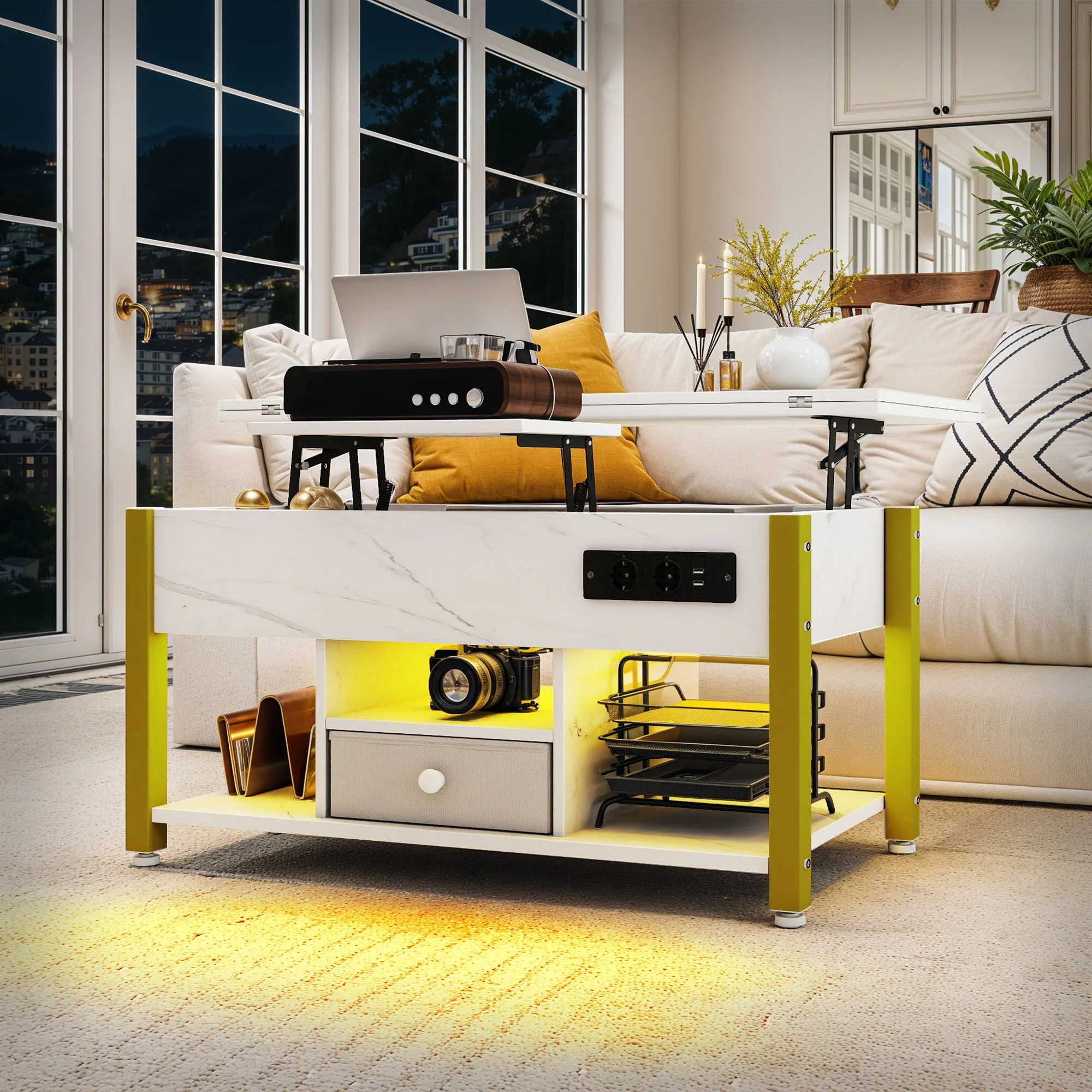 YITAHOME Table basse 4 en 1 en marbre blanc – Hauteur réglable, convertit en table à manger avec rangement et éclairage LED