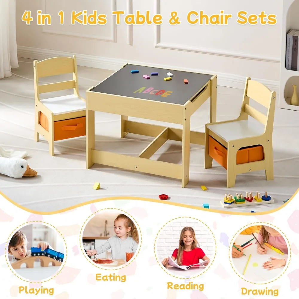Kids Table and Chair Set, 3 in 1 Wooden Activity Table with Detachable Tabletop, Toddler Table and Chair Set with Storage Drawer