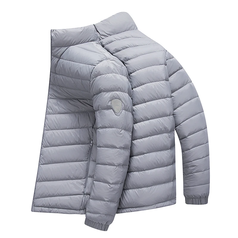 90er weiße Entendaunen-Herrenjacke, leichte und warme Daunenjacke mit Stehkragen, modischer und vielseitiger Herbst- und Wintermantel