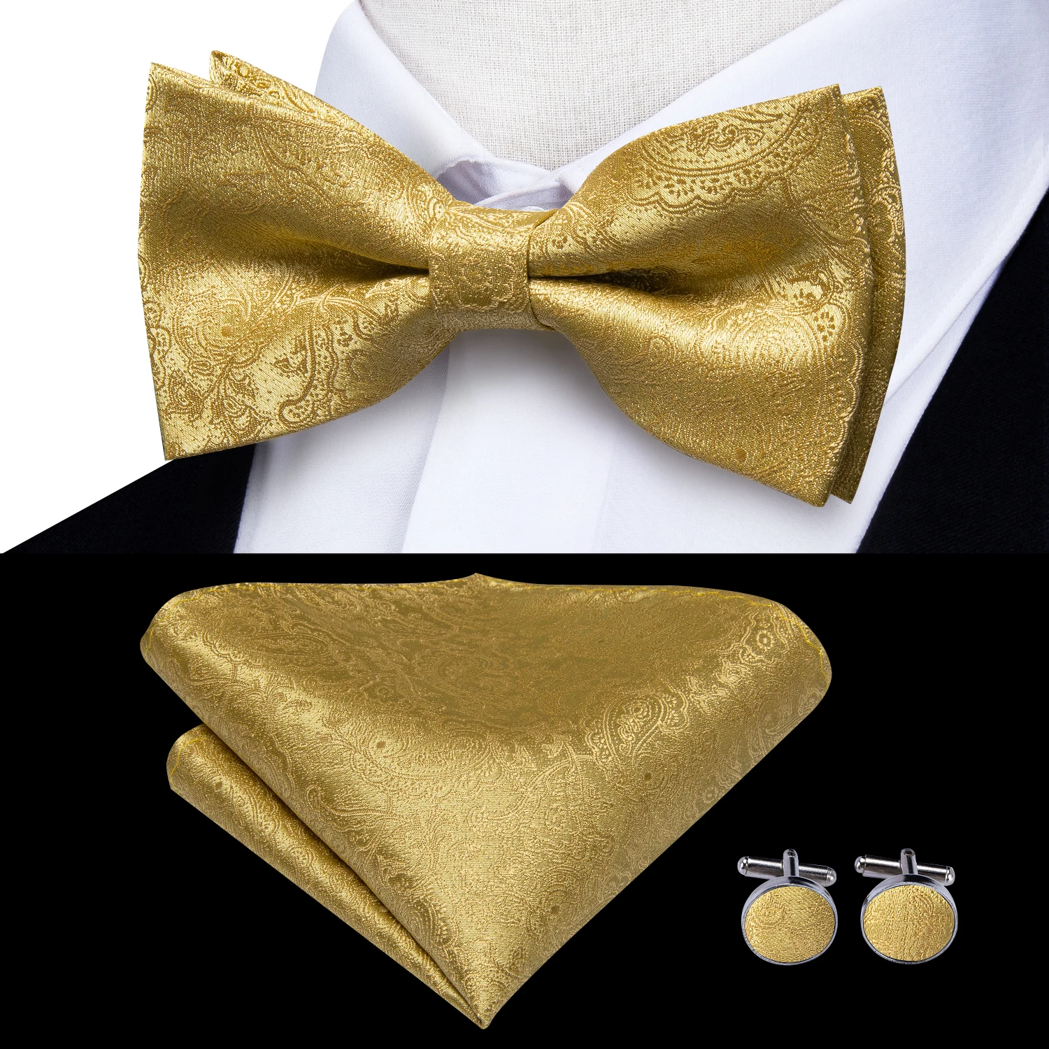Hi-Tie Jacquard Tessuto di Seta Oro Mens Reggicalze Papillon Gemelli Hanky Set per Uomo Guanti Elastici Regolabili per Uomo