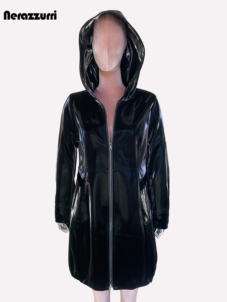 Nerazzurri Frühlingsjacke, wasserdicht, glänzend, reflektierend, schwarzes Lackleder, Damenjacke mit Kapuze, Reißverschluss, rote Herbstkleidung