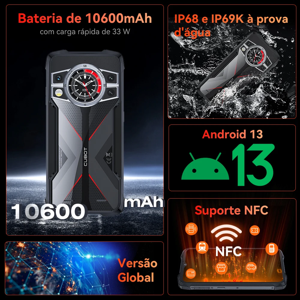 [Envio do Brasil] Cubot KingKong 9, Helio G99, tela FHD+ de 120Hz e 6,583", 24GB de RAM (12GB + 12GB estendidos), 256GB de ROM, rugged smartphone,câmera de 100MP, bateria de 10600mAh, NFC celular, 4G celulares