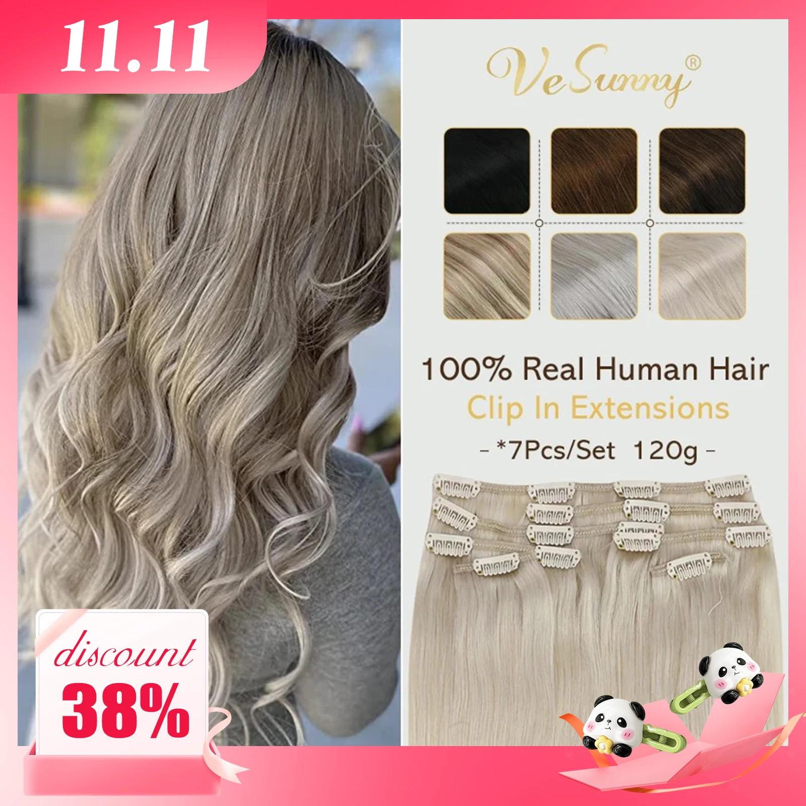 VeSunny Clip-in-Haarverlängerungen, Echthaar, doppelter Schuss, maschinell hergestellte Remy-Perücken, 7-teilig, Clip-on-Extensions, Dunkelbraun, Blond, 100 g