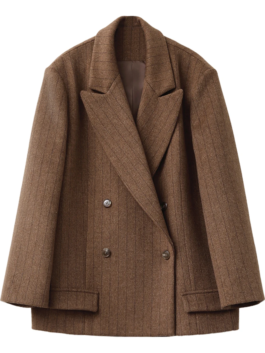 CHIC VEN Frauen Woolen Blazer Lose Vintage V-ausschnitt Weibliche Jacke Anzug Zweireiher Büro Damen Mantel Frühling Herbst 2025