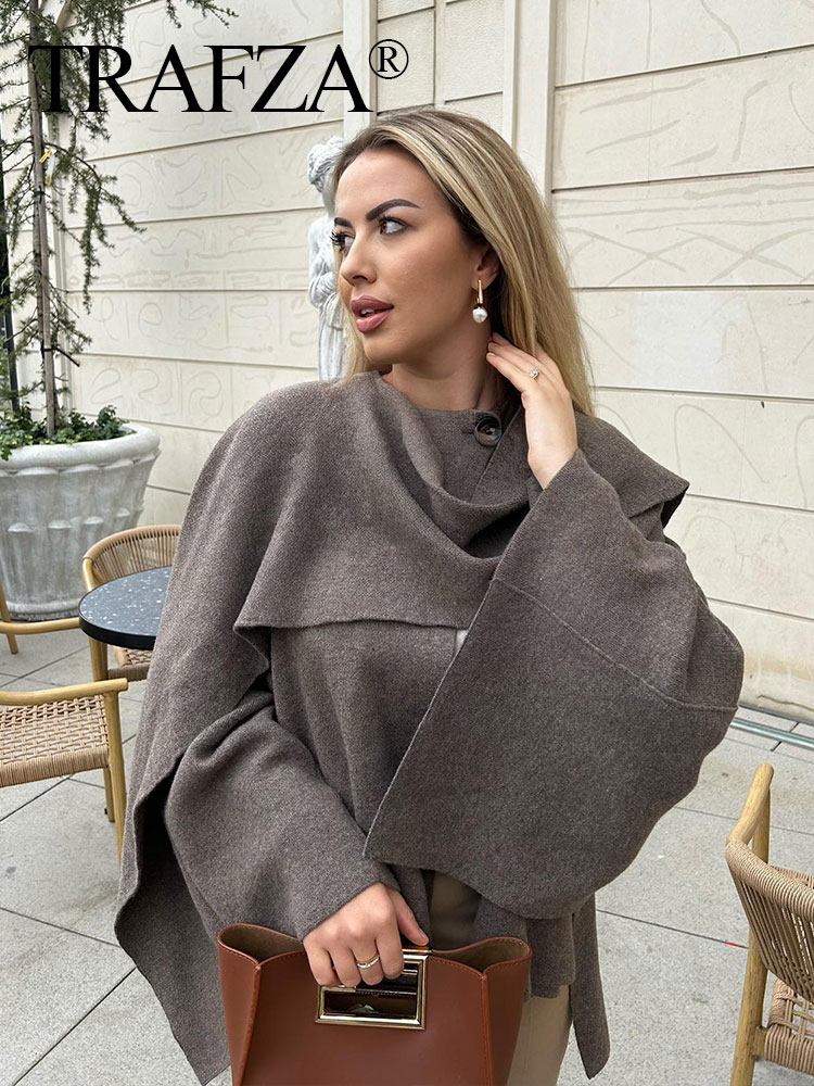 TRAFZA Herfst Vrouwen Losse Asymmetrische Sjaal Gebreide Jas Effen Lange Mouw Enkele Knop Zijsplit Vest Dame Bovenkleding