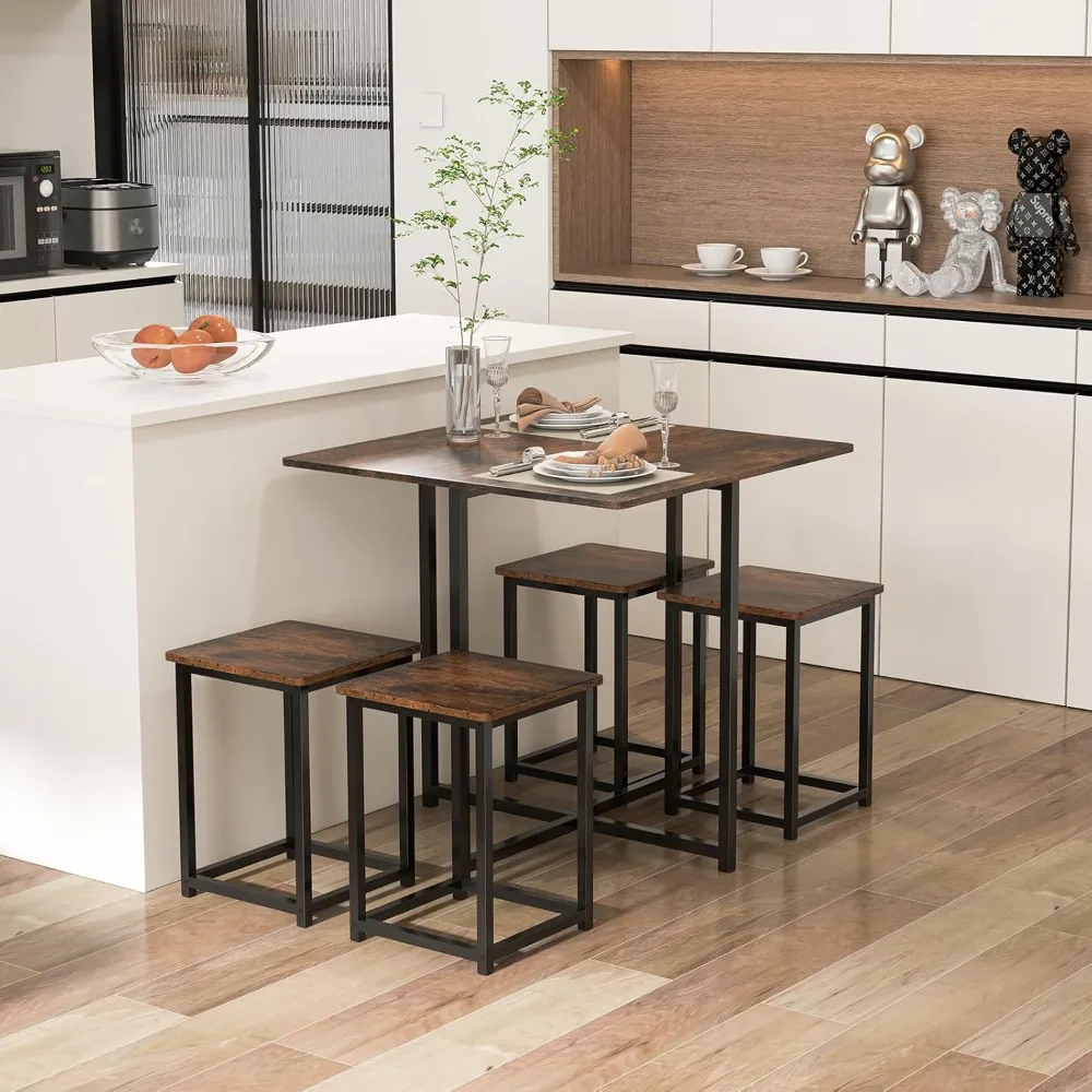 Compact Dining Table Set for 4, Small Kitchen Table Set with Square Stools and Metal Frame, Perfect for Small Spaces