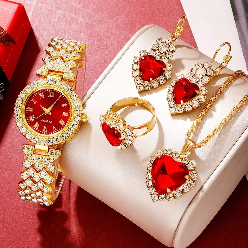 Reloj de lujo dorado para mujer, anillo, collar, pendiente, diamantes de imitación, reloj de pulsera informal para mujer, conjunto de joyería