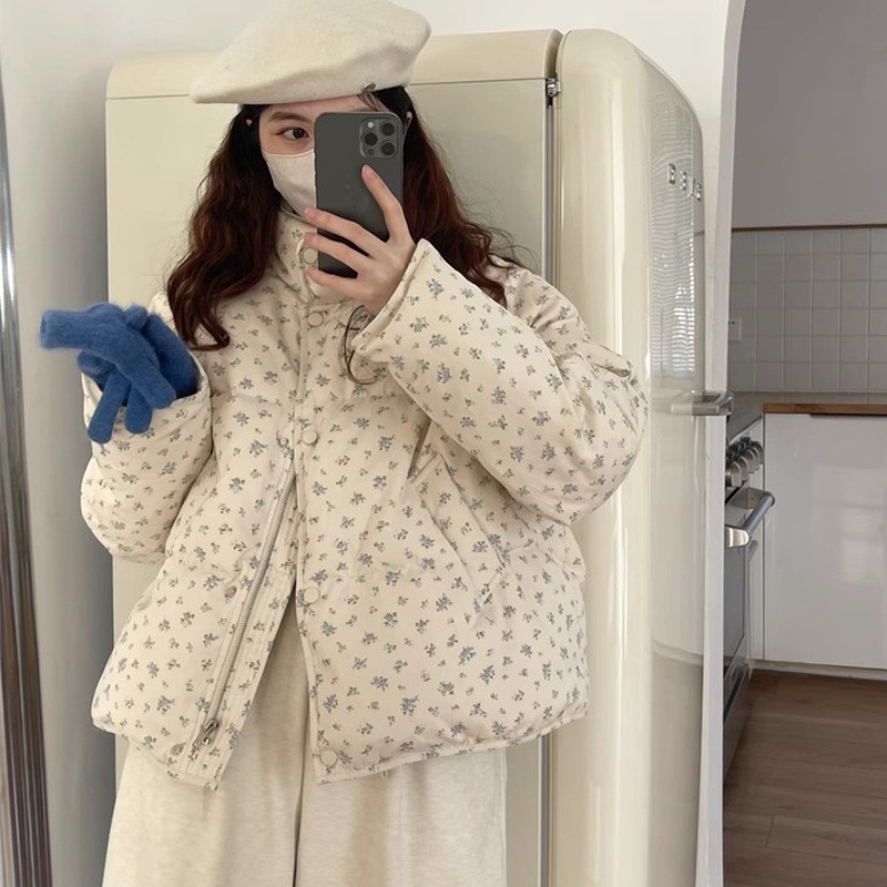 Casacos de algodão coreano estampado para mulheres, casacos de neve, tops elegantes, moda casual, soltos, quentes, inverno, novos