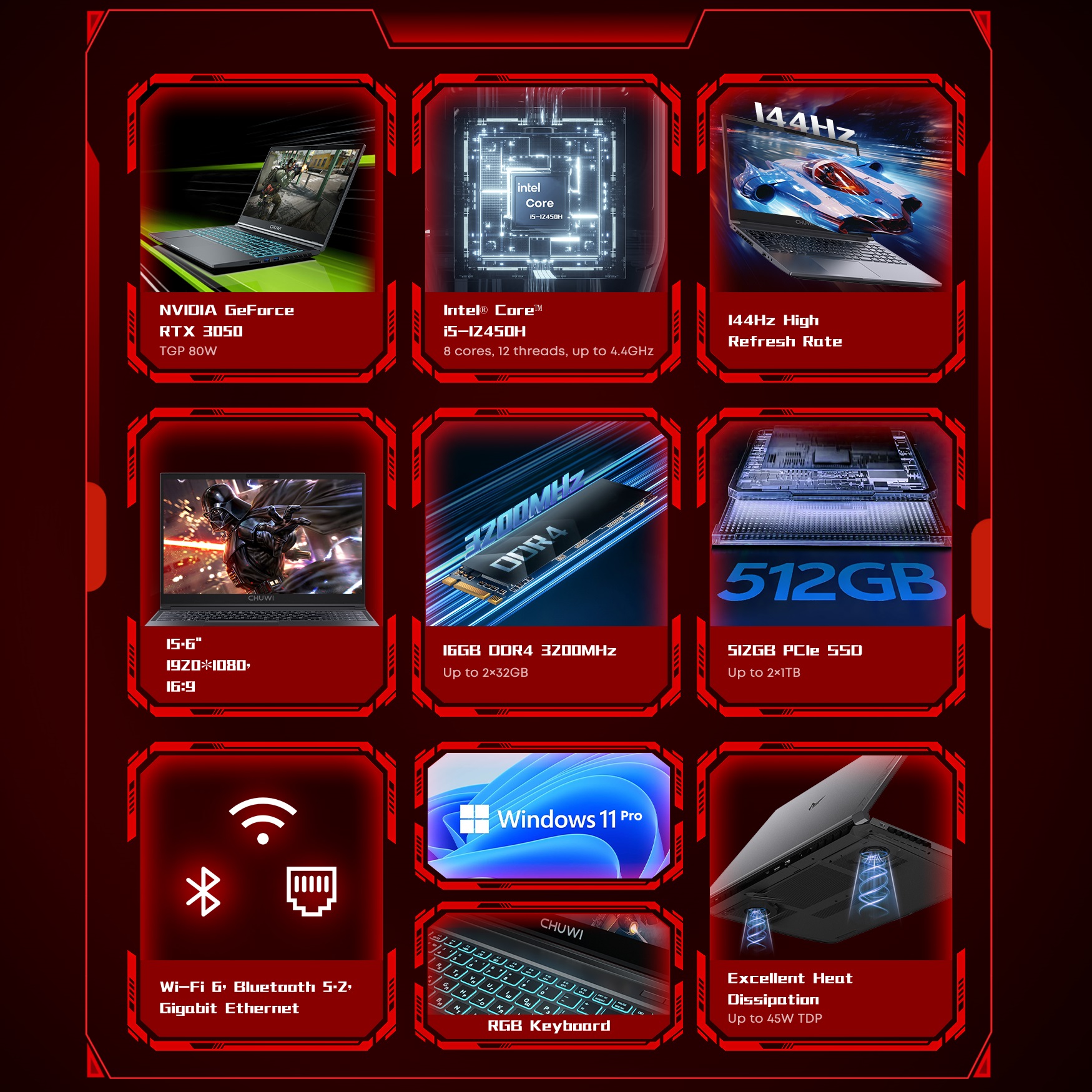 월드 프리미어 CHUWI GTBook i5-12450H RTX 3050 게이밍 노트북 15.6인치 FHD 화면 16GB 램 512GB SSD 메탈 바디 전용 노트북