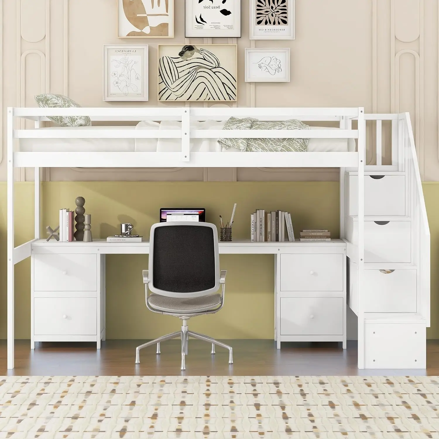 Twin Size Loft Bed with Desk and Storage Stairs, Wood Loft Bed with Desk & 4 Storage Drawers, High Loft Bed Frame with Storage