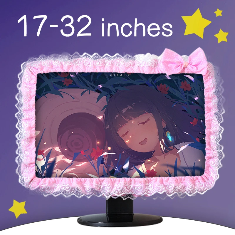 Cubierta de marco de ordenador de tela de encaje, cubierta antipolvo para pantalla de Monitor con bolígrafo elástico, lazo de bolsillo, decoraciones para el hogar
