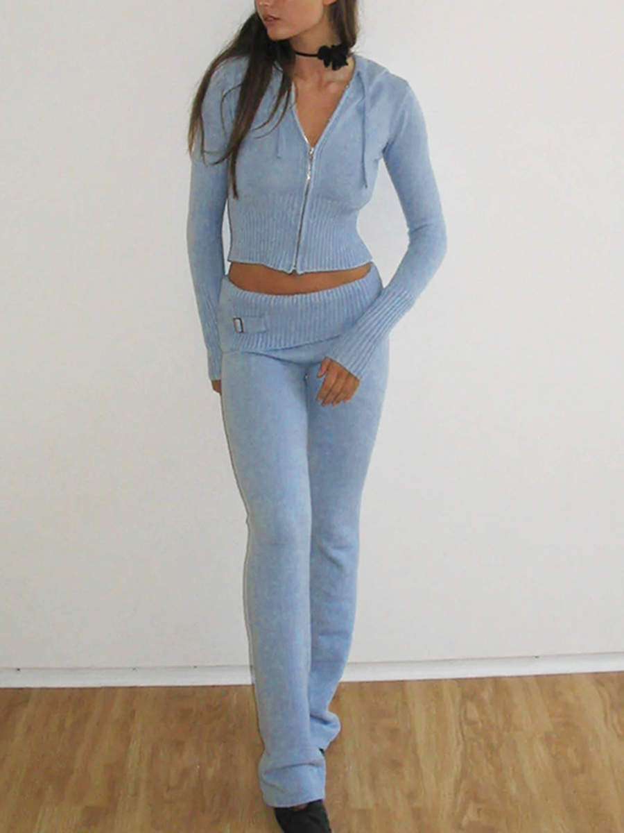 女性秋 2 ピース衣装リブニットスリムフィット長袖ジップアップクロップジャケットスキニーフレアパンツ部屋着セット