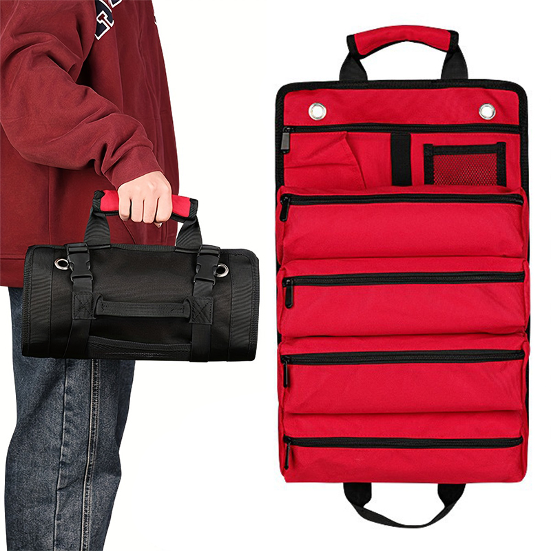 Nueva bolsa de herramientas, bolsa de almacenamiento de herramientas de desplazamiento adecuada para trabajadores, ingenieros, herramientas de mantenimiento, bolsa multifuncional desmontable para acampar, color rojo