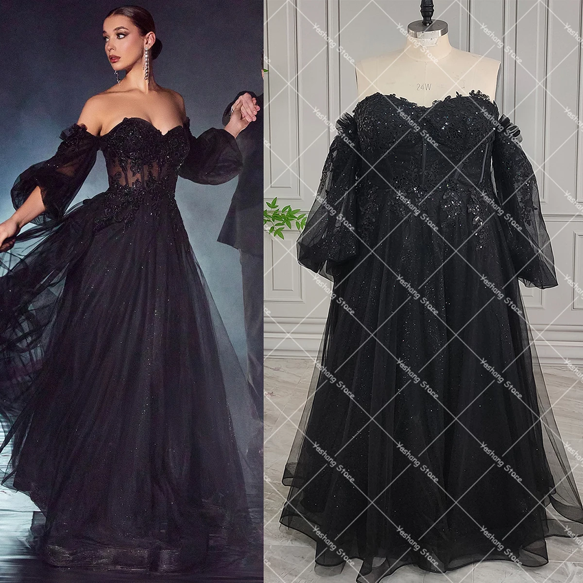 ที่กําหนดเองปิดไหล่ยาว Blouson แขน Glitter ชุดแต่งงาน Tulle Strapless Sweetheart Lace Sheer Bodice ชุดเจ้าสาว