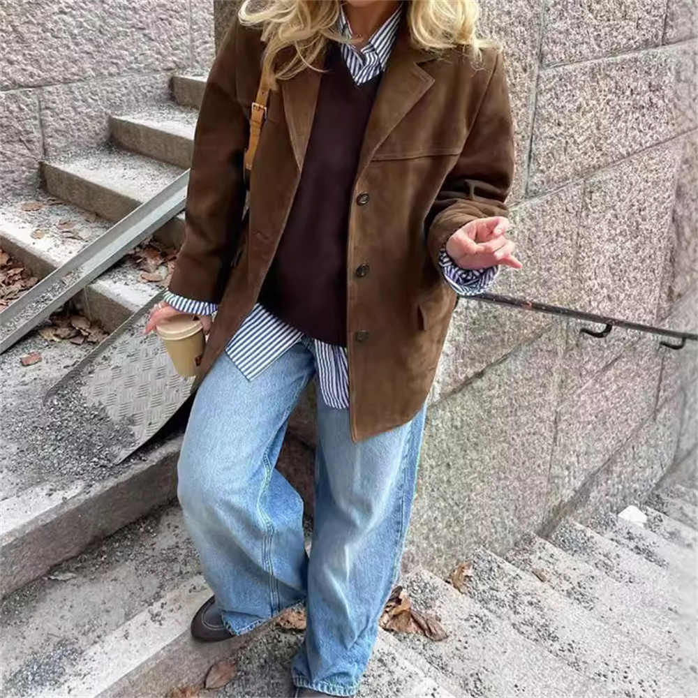 Vintage หนังนิ่มสีน้ําตาลแจ็คเก็ตผู้หญิงฤดูใบไม้ร่วงฤดูหนาวแขนยาว Single Breasted กระเป๋า Blazer Coat หลวมเดินทาง Tops