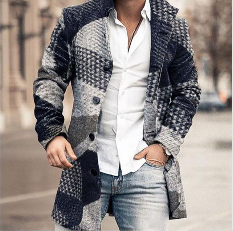2023 herbst Winter Woolen Druck männer Mantel Mantel Windjacke Langarm Einreiher Taste Mode Lässig Jacke