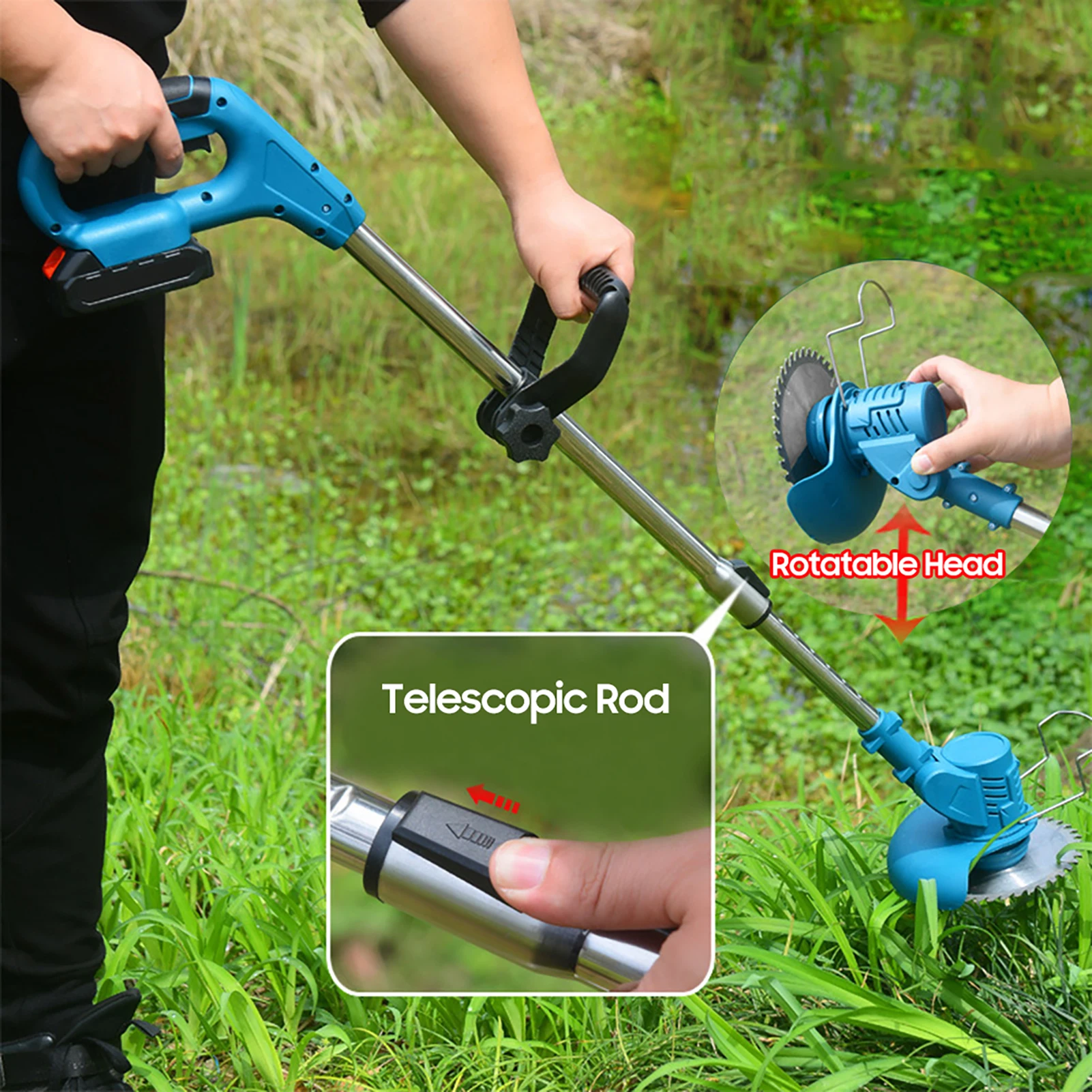 21 V teleskopischer kabelloser elektrischer Rasenmäher, Rasentrimmer mit verstellbarem Gartengerät und 2er-Pack wiederaufladbarem Akku