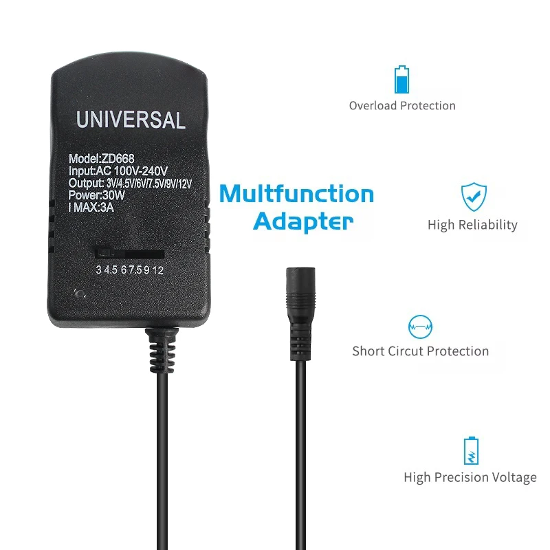 Adattatore regolabile Caricatore di alimentazione Multi tensione AC 220V A DC 3V 4.5V 6V 7.5V 9V 12V EU US Convertitore Adattatore Spina 7 30W