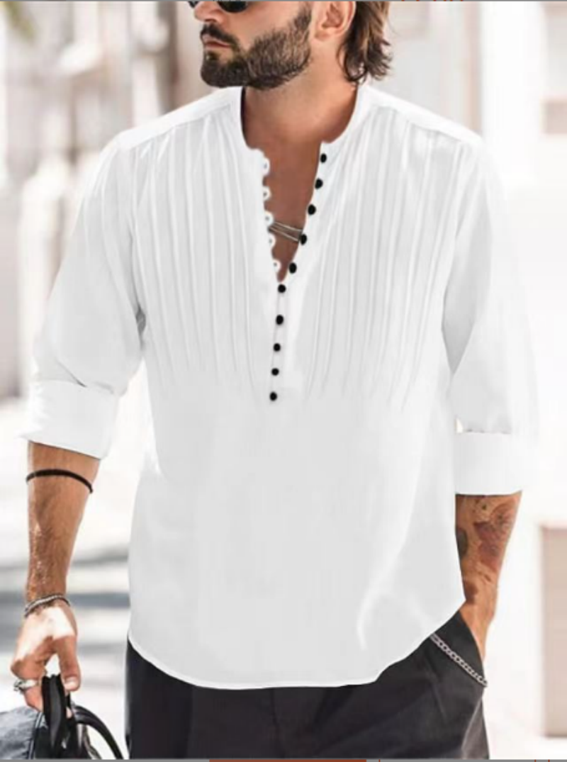 Camisa de manga larga ajustada informal plegable de algodón de Color sólido de alta calidad con cuello redondo y vendaje para hombre 2024