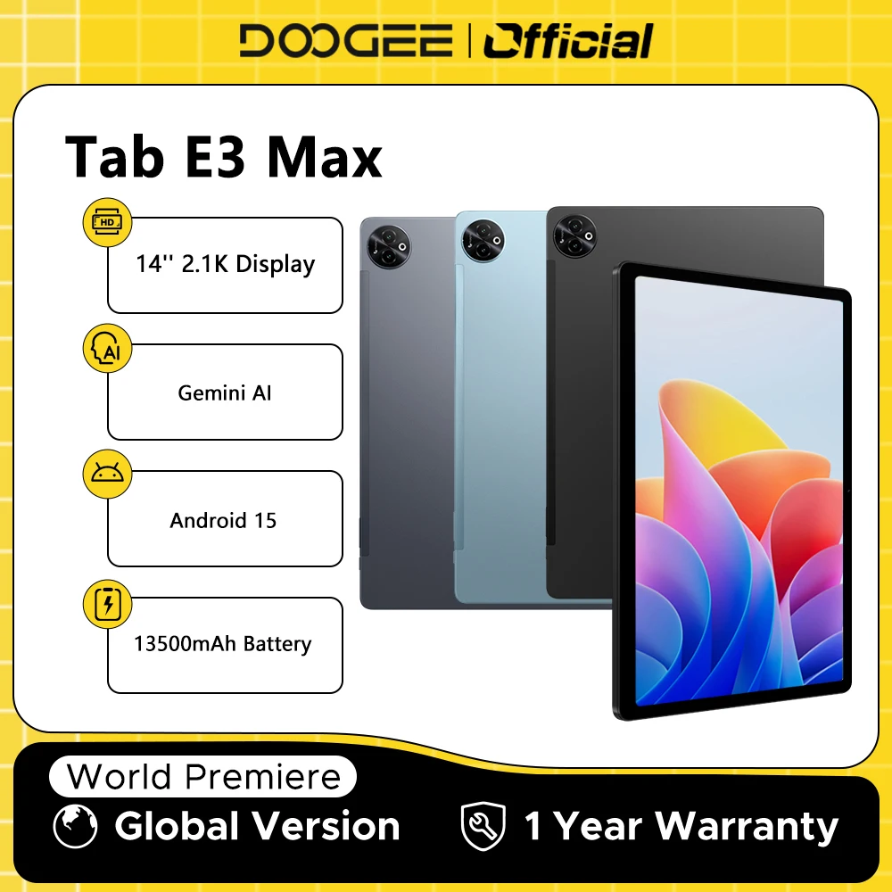 Doogee tab e3 max tablet pc android 15 gemini ai alto-falantes quádruplos 14 ''2.1k display 8gb ram 256gb 13500mah bateria grande almofada inteligente