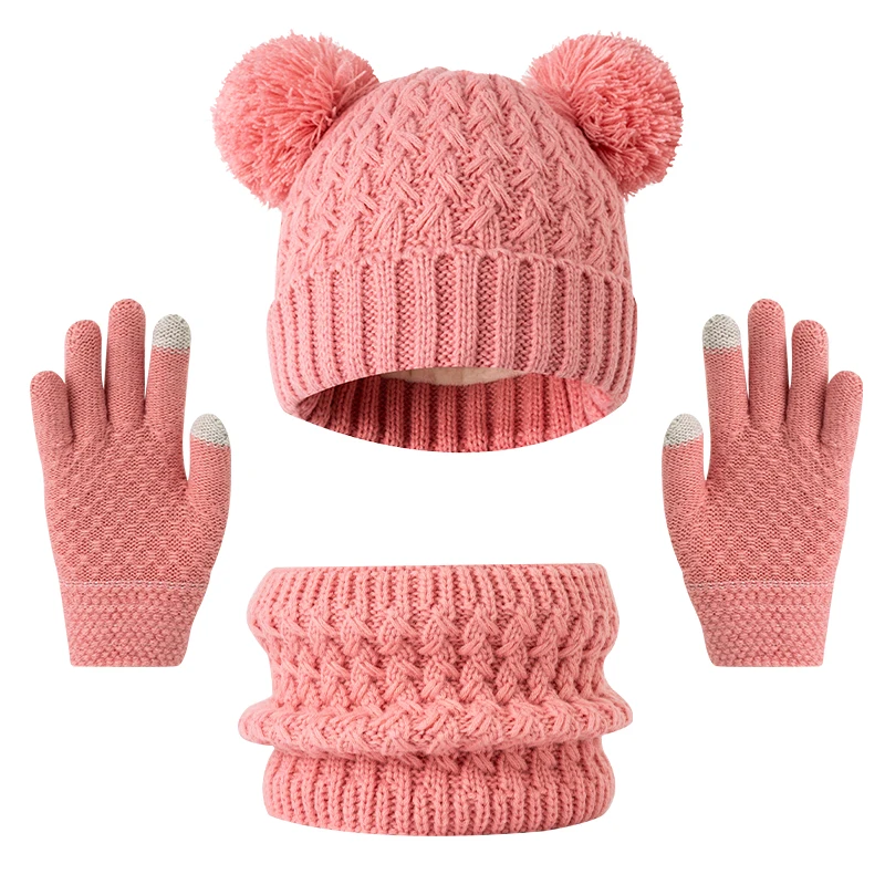 Conjunto de chapéu, cachecol e luva para crianças de 3 a 12 anos, chapéu de inverno engrossado para crianças com boné de malha com padrão colorido de floco de neve