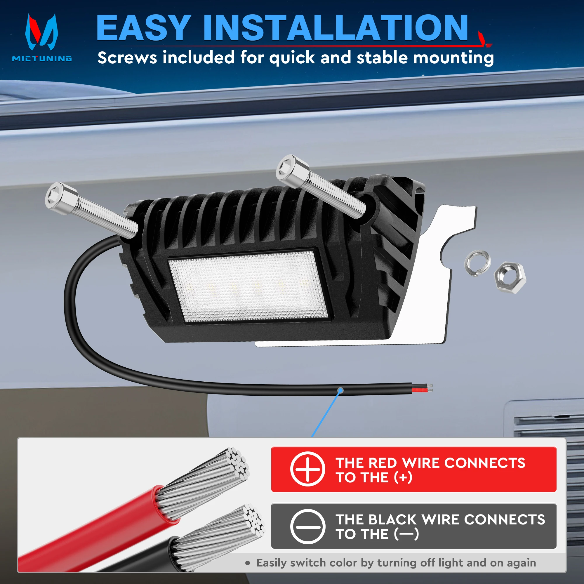 MICTUNING 2 PCS Zewnętrzne oświetlenie ganku LED do pojazdów kempingowych, białe bursztynowe światło użytkowe 1500 lumenów Oświetlenie zamienne do przyczep kempingowych