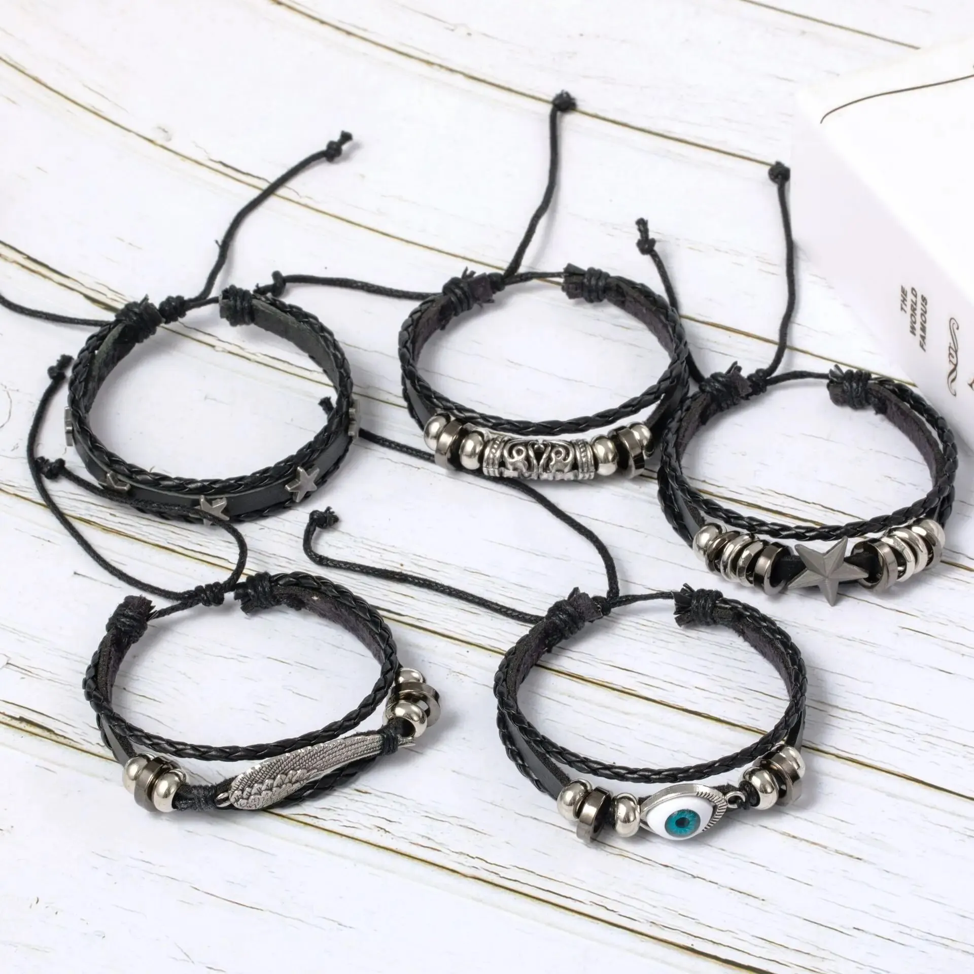 5 peças conjunto de pulseira estilo punk trançado com estrela de asa de mau olhado diy, com couro pu e contas