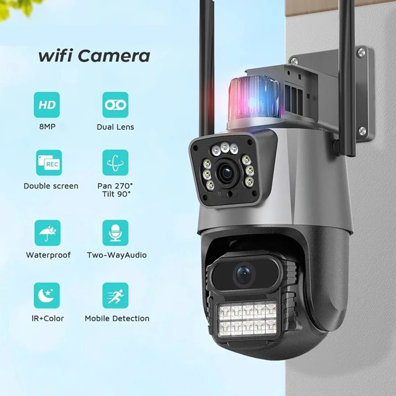 Telecamera WiFi da 8MP Telecamera di sicurezza esterna con zoom 8X Video sorveglianza 4K Tre obiettivi Doppio schermo PTZ ICsee Alexa NVR Sicurezza CCTV
