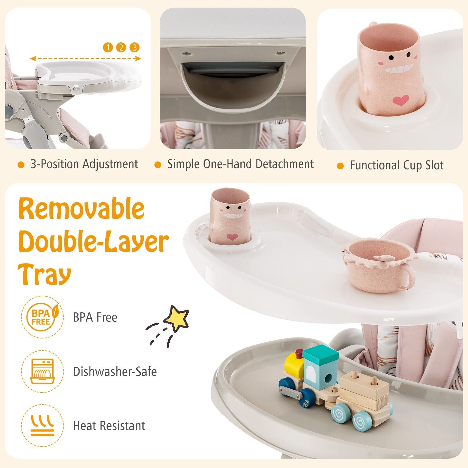 GOFLAME Folding Baby High Chair Adjustable Convertible High Chair W/ Removable Meal Tray