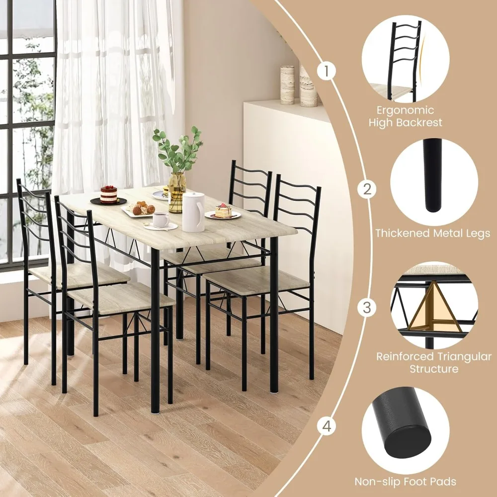 Kitchen Table Chairs Set of 4, 5 Piece Metal Rectangular Dinette Set w/Non-Slip Pad, Space-Saving Design, Modern Dining  Room