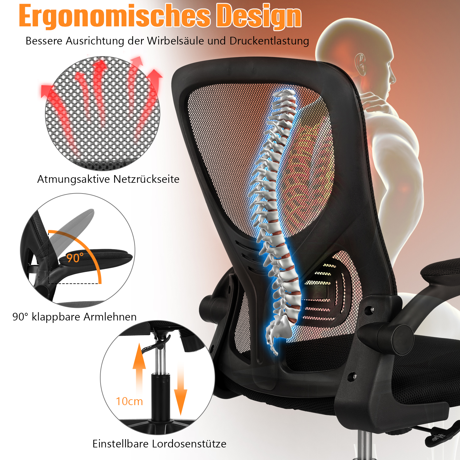 Bürostuhl mit Verstellbaren Armlehnen, Ergonomischer Schreibtischstuhl mit Netzbespannung, Lordosenstütze, Höhenverstellbarer, Gepolstertem Sitzkissen, 360° Drehstuhl, Schwarz