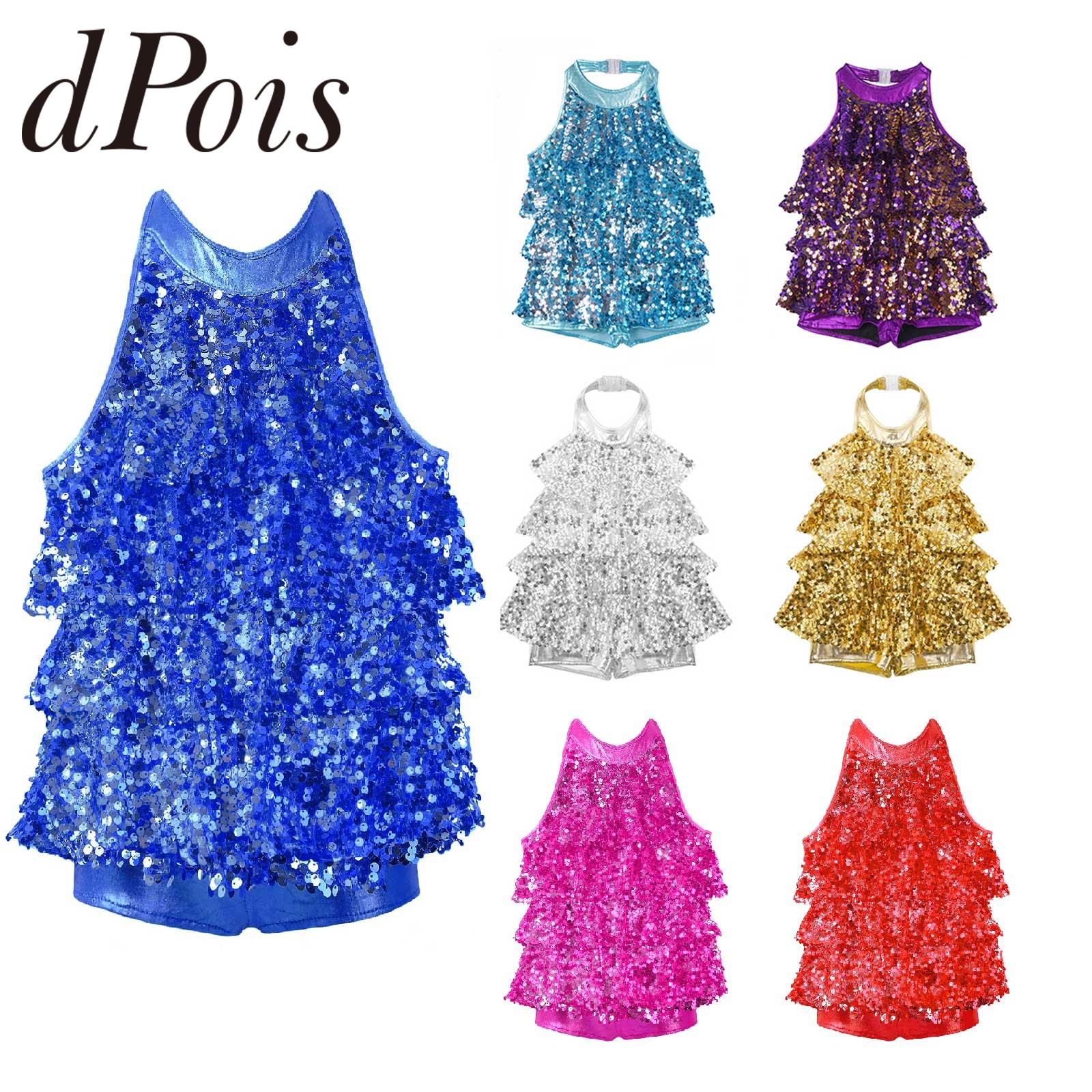 Traje de baile latino de Jazz moderno para niñas, vestido corto con lentejuelas brillantes y cuello Halter, ropa para el escenario