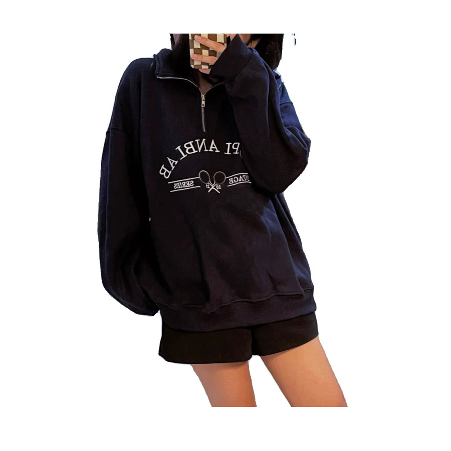 American Sle Retro Polo Collar Sweatshirt Jacket Women's New Early Autumn Oversize Small Size Long Sleeve Top