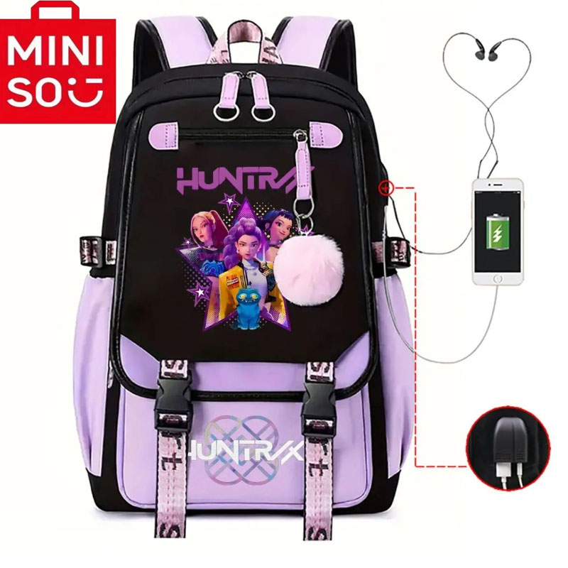 2025 MINISO 新しい共同ブランド Kpop 映画デーモン ハンターズ学生バックパック、男性と女性のラップトップ、USB ポート バッグ