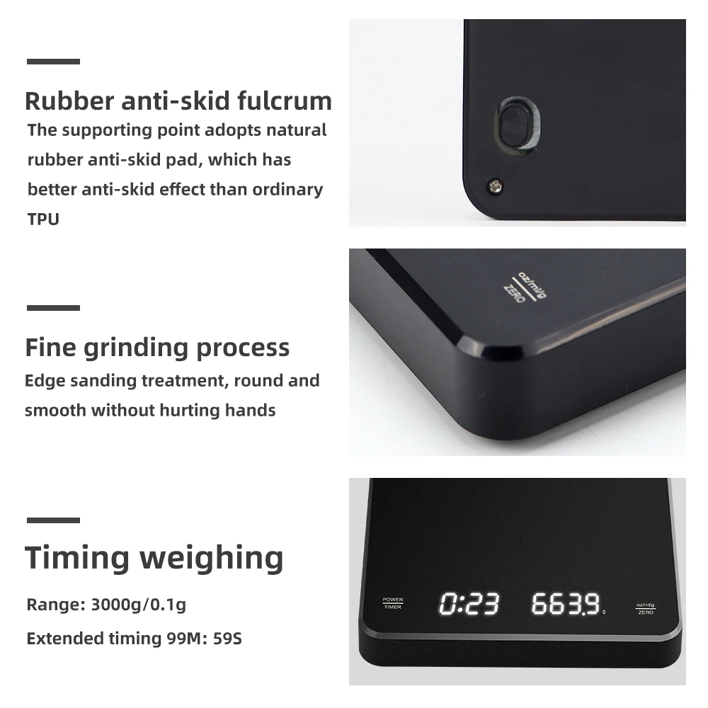 3kg/0.1g LCD Display Coffee Scales 250mAh Oz/ml/g Balance With Timing High Accuracy Heat Resistance 135 ℃ Weight Measurement