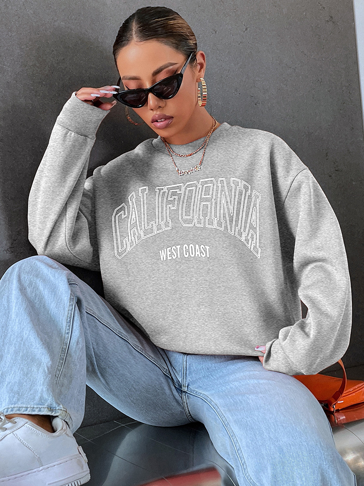 Koreanischer Trend-Sweatshirt für Damen, California West Coast Print, weiblicher Kapuzenpullover mit langen Ärmeln, O-Ausschnitt, sportliche und reichhaltige Kleidung