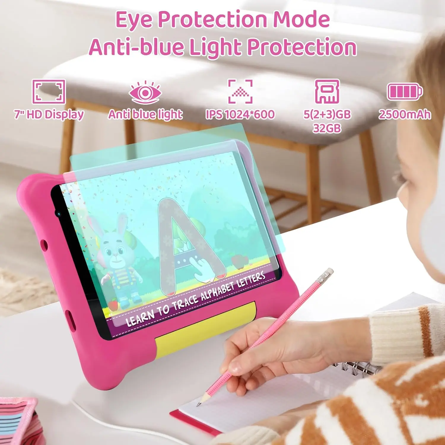 Uero crianças tablet 7 Polegada android 13 comprimidos quad core 5gb ram 32gb rom 2500mah câmera dupla bluetooth wifi controle parental pc pad