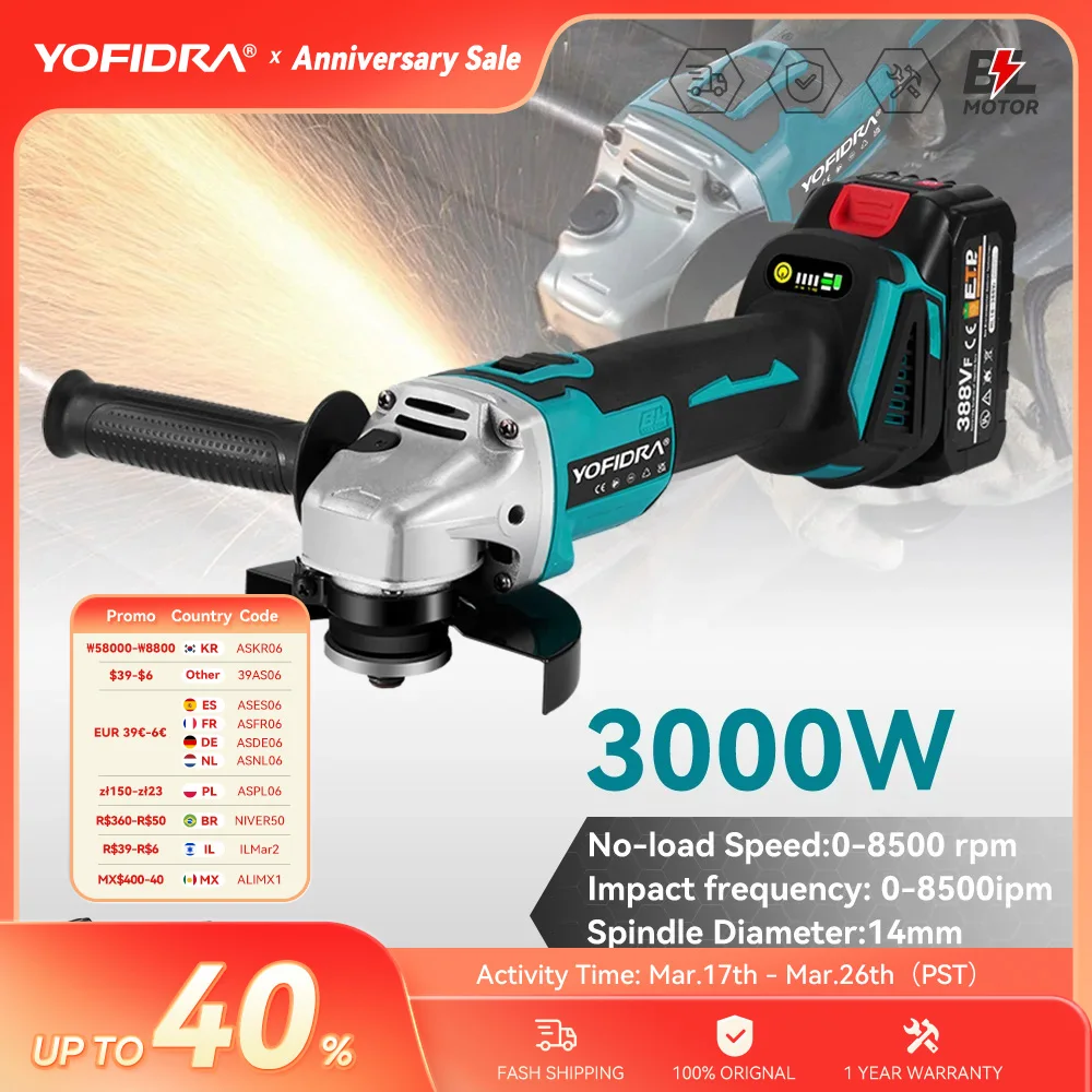 Yofidra 125mm moedor de ângulo sem escova 4 engrenagens sem fio máquina moagem corte madeira ferramenta elétrica para makita 18v bateria