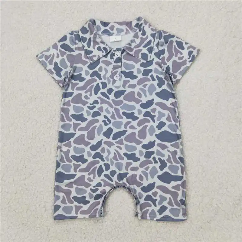 Romper Ritsleting Kamuflase Bambu Lengan Pendek Abu-abu Bayi Laki-laki