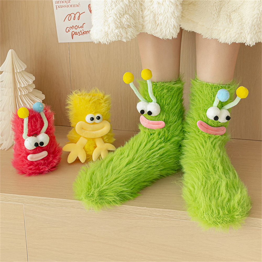 Calcetines divertidos de monstruo Otoño Invierno calcetines de suelo de lana Coral calcetines de dormir para parejas calcetines peludos medias de Navidad