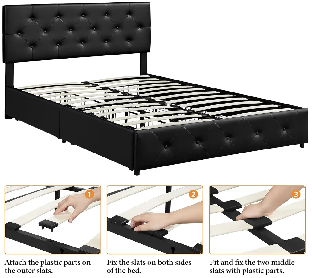 Queen Size Upholstered Bed Frame with 4 Drawers and Adjustable Headboard, Faux Leather Platform Bed with Mattress Foundation St