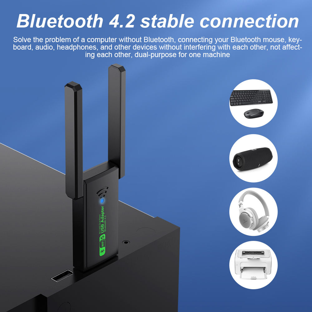 USB 3.0 Adaptador WiFi com Banda Dupla, Cartão de Rede Sem Fio, Receptor para Desktop e Laptop, 1300Mbps, 2.4G, 5GHz, Bluetooth 4.2