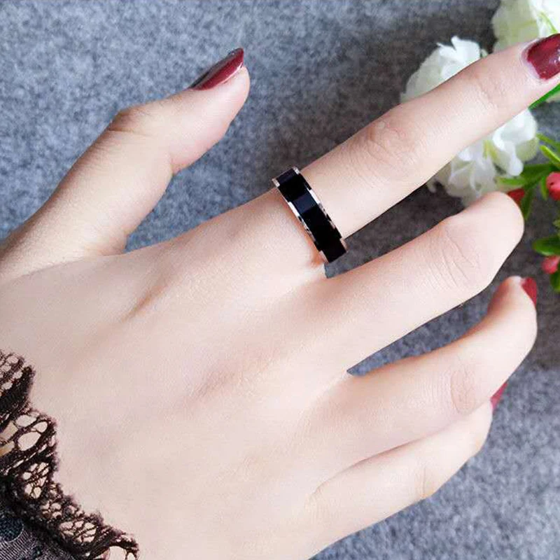 แฟชั่น6มม.ทองคำสีกุหลาบสีขาวเคลือบสีดำ Charm แหวนสำหรับผู้ชายผู้หญิงเครื่องประดับงานแต่งงานของขวัญ316L สแตนเลสไม่เคย fade