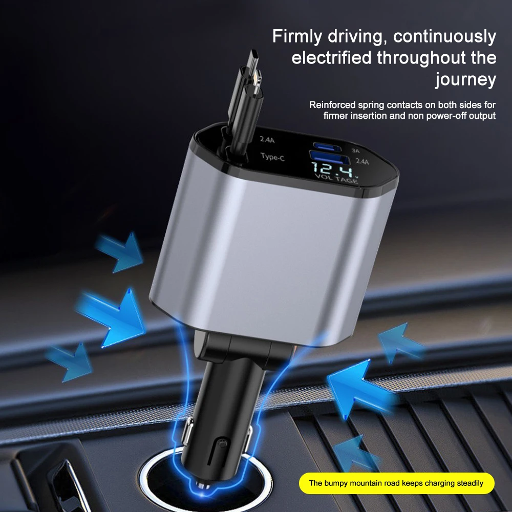 Car Charger Adaptor 120W Fast Charge USB Type C Fast Charger Cable with Retractable Cords Fit for iPhone 16/15/14/13/12 Samsung